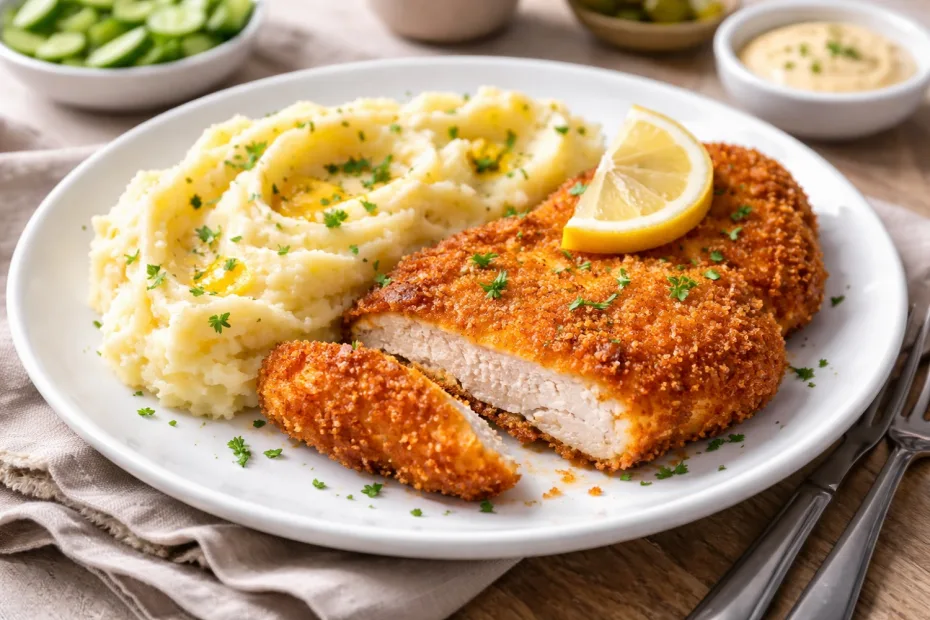 Chicken schnitzel with mash