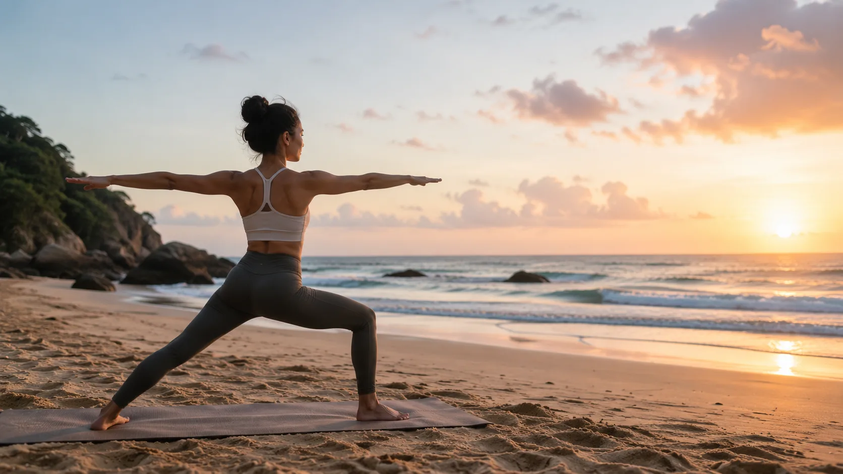 woman doing yoga on beach