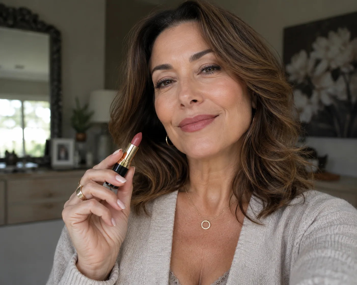 woman holding lipstick